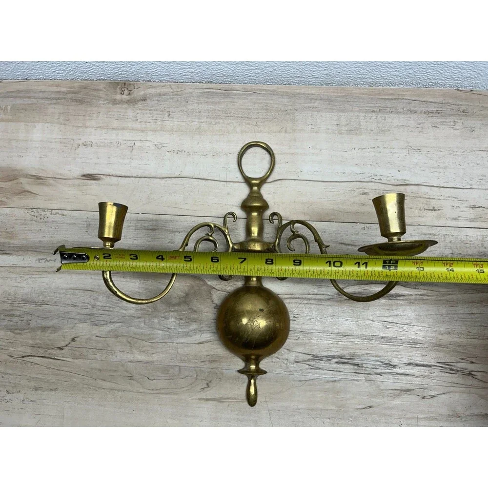 Vtg Solid Brass Double Arm Wall Sconse Candle Holder Dutch Colonial Style